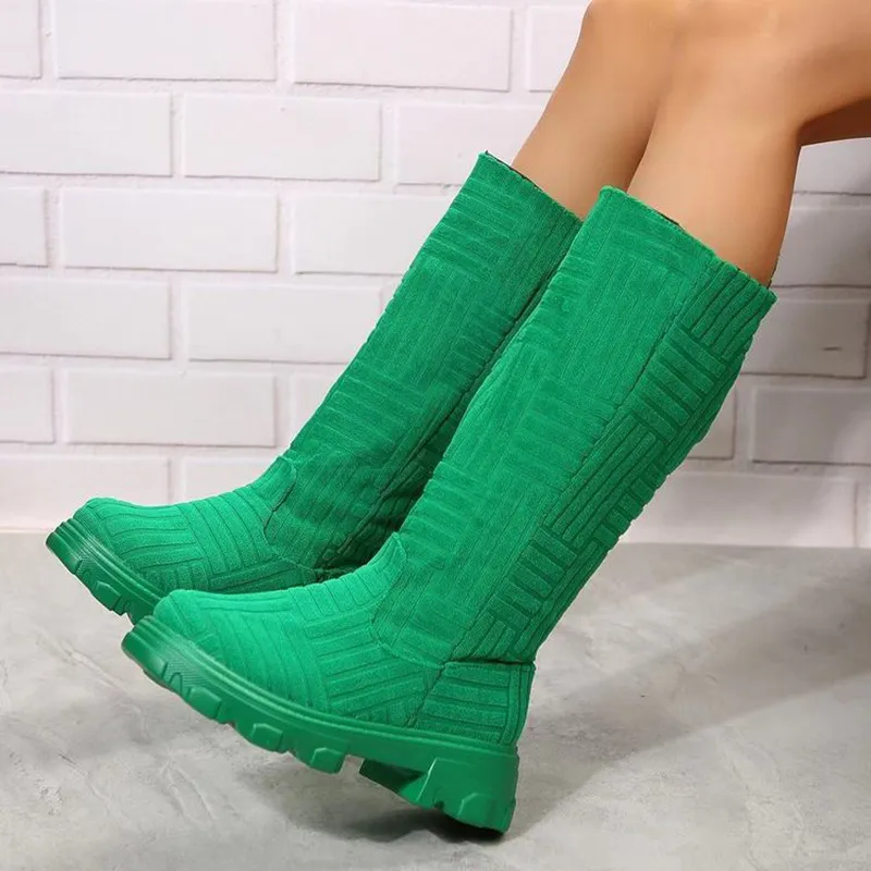 Mid Calf Boots Fashion Platform Western Boots Women Autumn Winter Shoes - Green