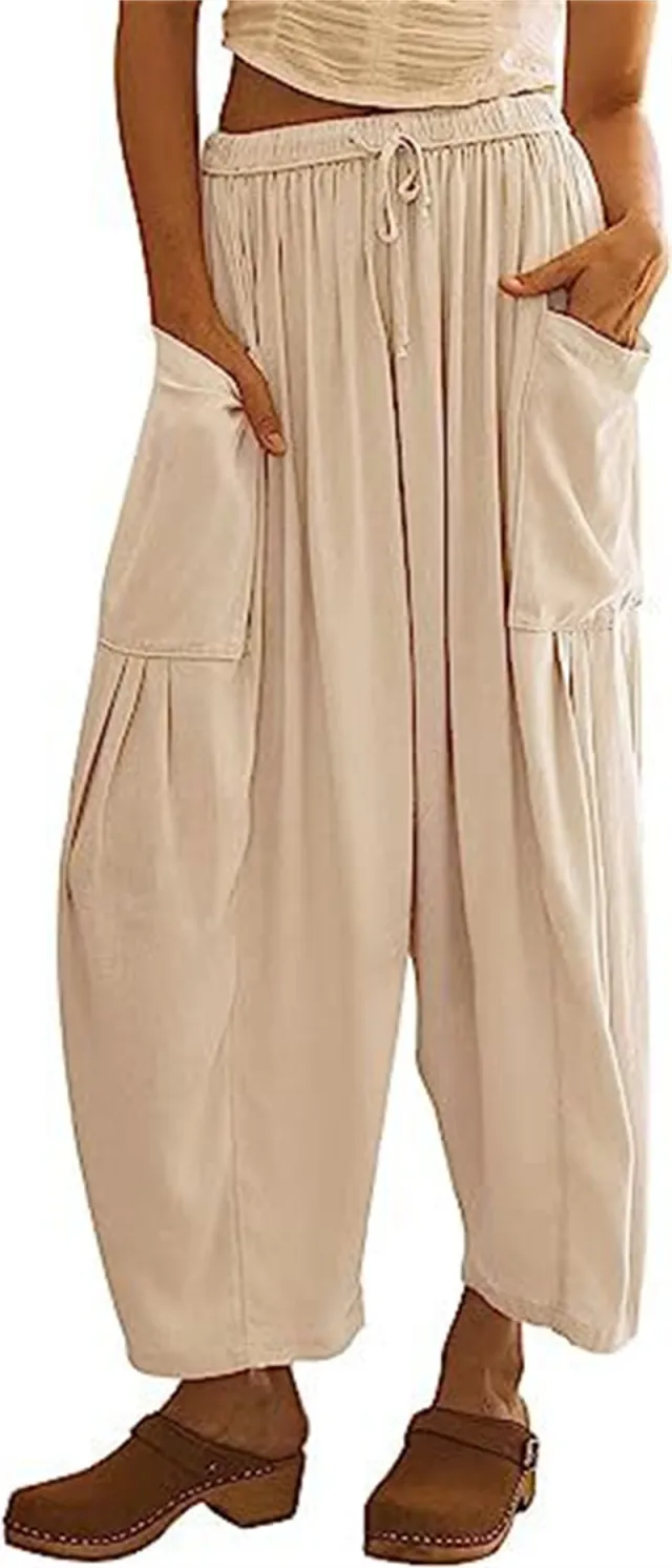 Fashion Wide Leg Pants Summer Loose Elastic High Waist Pleated Trousers Solid Color Womens Clothing Apricot - Shop at LoveMi
