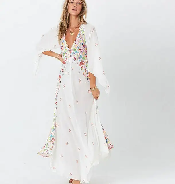 New Women's Printed Bohemian V-neck Three-quarter Sleeve Dress