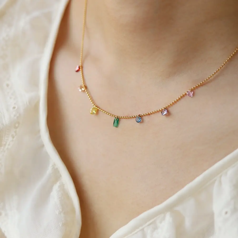 Fantasy Girl Heart Blue Diamond Rainbow Water Drop Zircon Seven Color Necklace Collar Chain