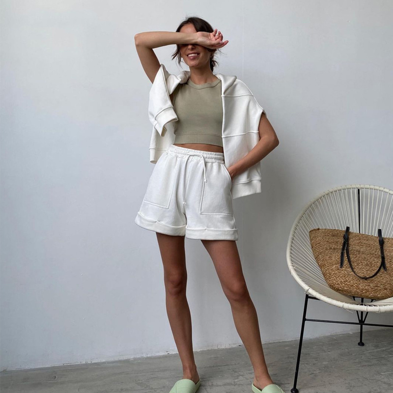 Women's Fashion Casual Solid Color Round Neck Long Sleeve Sweater Shorts Set