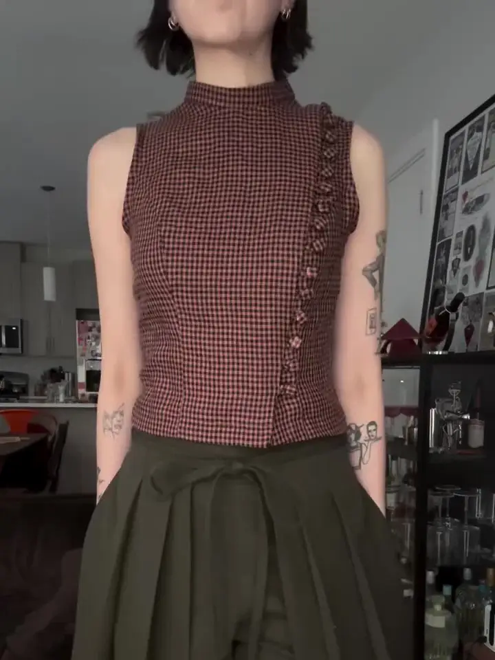 Red Black Gingham Turtleneck Sleeveless Side Ruffle Crop Top