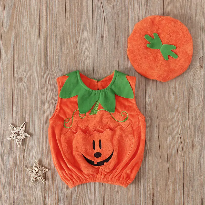 Boys And Girls Sleeveless Pumpkin Shaped Pocket Jacket Hat Two-piece Children's Wear