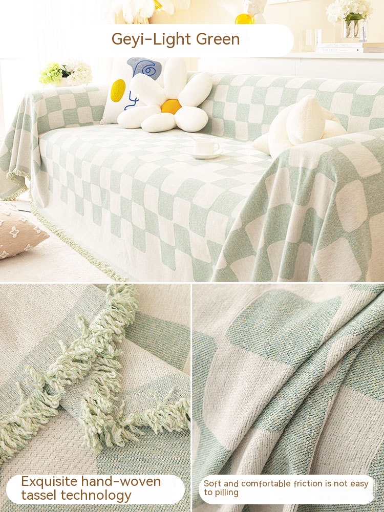 Plaid Sofa Cover Living Room Blanket Full Covered Green