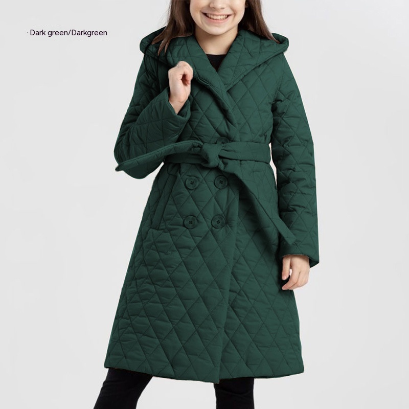 Long Coat Stand up Collar Cotton padded Clothes Warm And Windproof Children Green - Shop at LoveMi