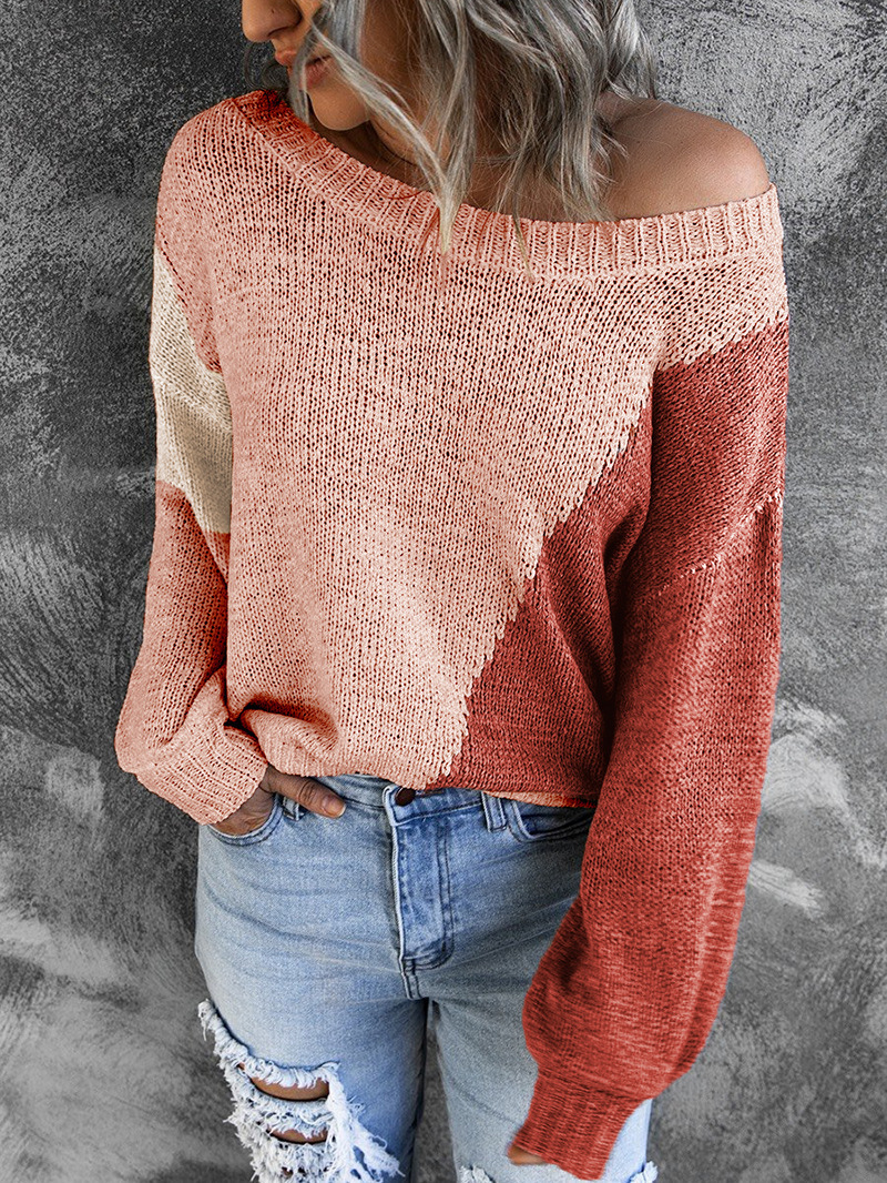 Women's New Irregular Color Matching Off-The-Shoulder Sweater