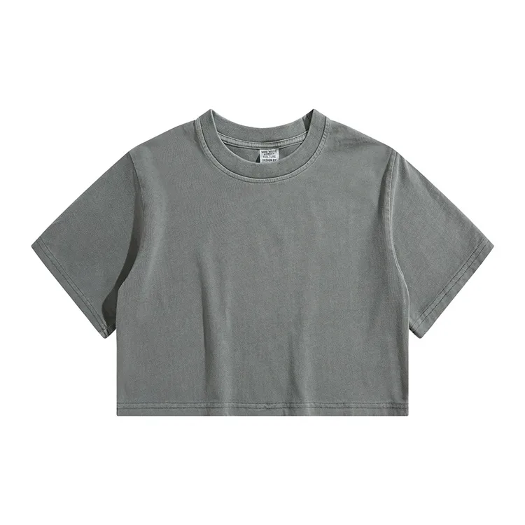 High Waist Cropped T Shirt With Navel Design - Medium Grey