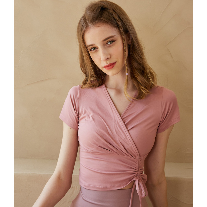 Summer Fashion New Short Sleeve Yoga Suit V-neck Cross Rope Waist Slimming Sports Pilates Ballet Style