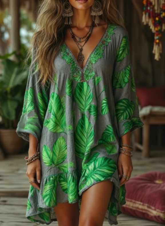 Sweet Floral Print V-neck Loose-fitting Women's Three-quarter Length Lantern Sleeve Mid-length Vacation Dress
