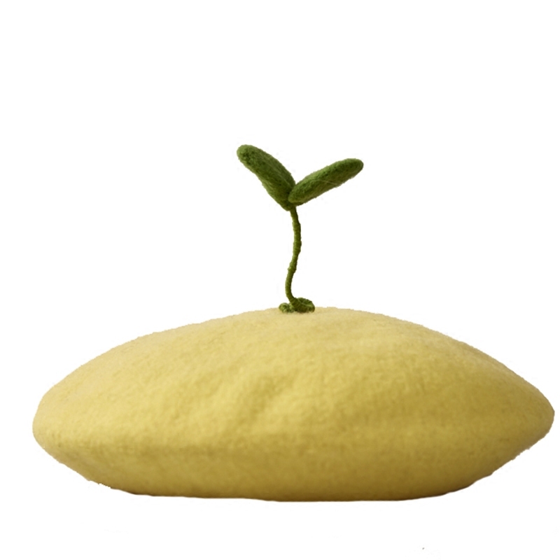 Handmade Wool Felt Cute Growing Green Bud Painter Beret All-match