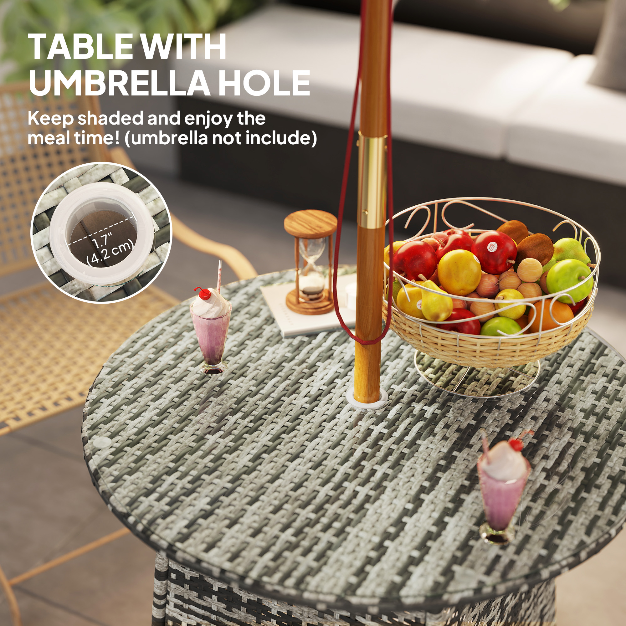 Vine Woven Garden Table, Outdoor Furniture Coffee With Umbrella Hole — image 5