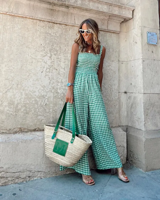 Elegant Women's Trousers Mid Waist Plaid Jumpsuit Green - Shop at LoveMi