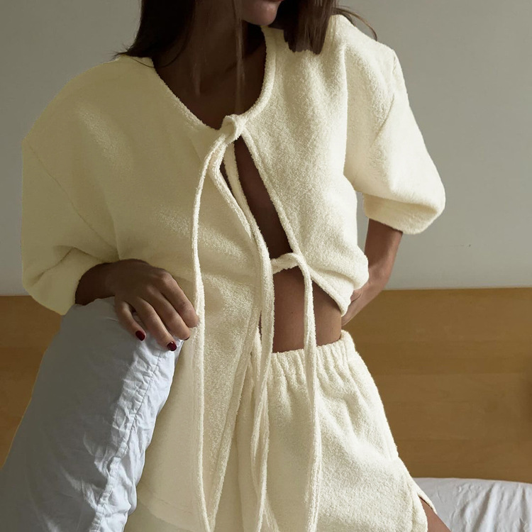 Terry Cloth Tie Front Short Sleeve Jacket & Elastic Waist Casual Shorts 2-Piece Loungewear Set 9