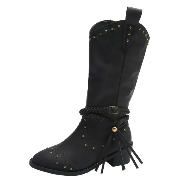 Retro Tassel Boots With Braided Rope Strap Buckle Design Shoes Winter Footwear New Mid calf Knight Western Boots For Women Black - Shop at LoveMi