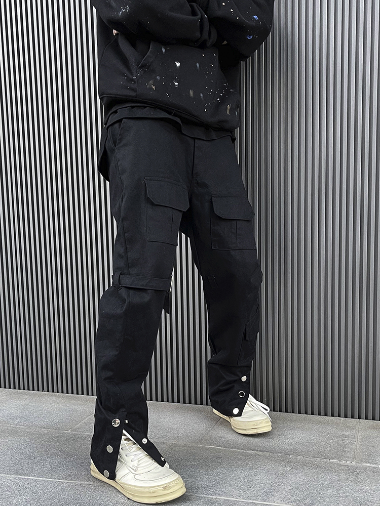 Straight-breasted Cargo Pants With Multi-pocket Straps