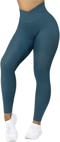 Cross Waist Hips Print Solid Color High Waist Bottoming Yoga Pants - Dark Blue - View 1