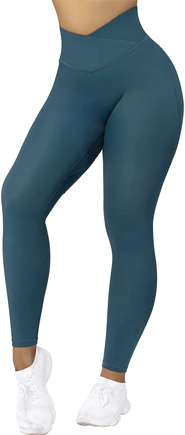 Cross Waist Hips Print Solid Color High Waist Bottoming Yoga Pants Dark Blue - Shop at LoveMi