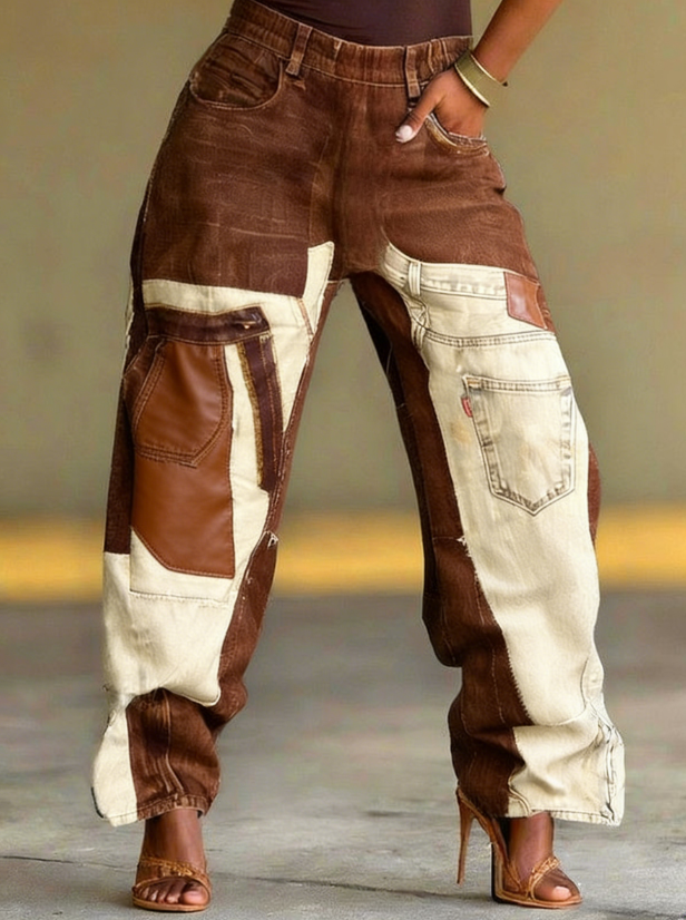 Vintage Distressed Color-block Patchwork Multi-pocket Cargo-style Jeans