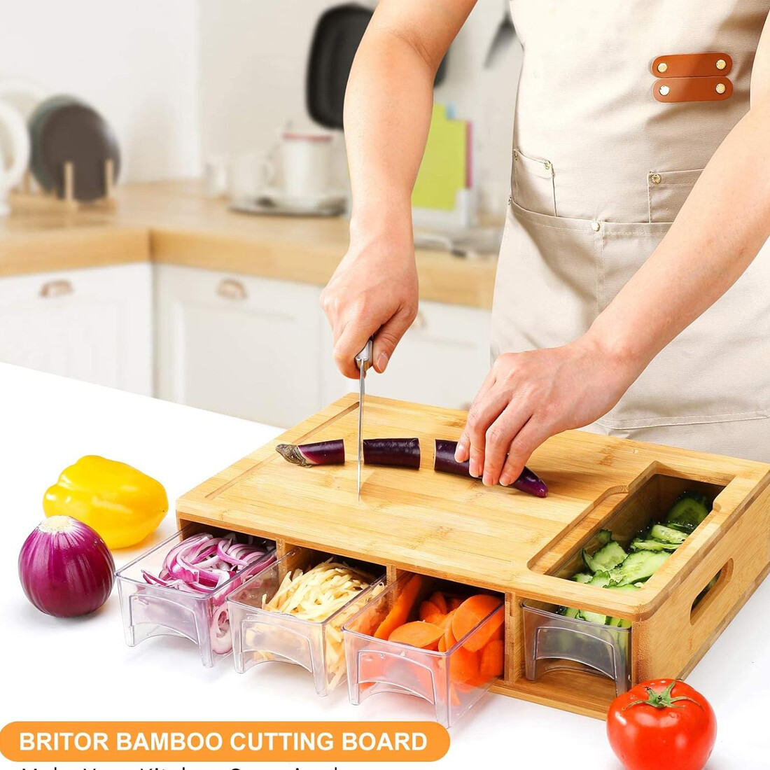 Chopping Board With Containers, Large Bamboo Cutting Board