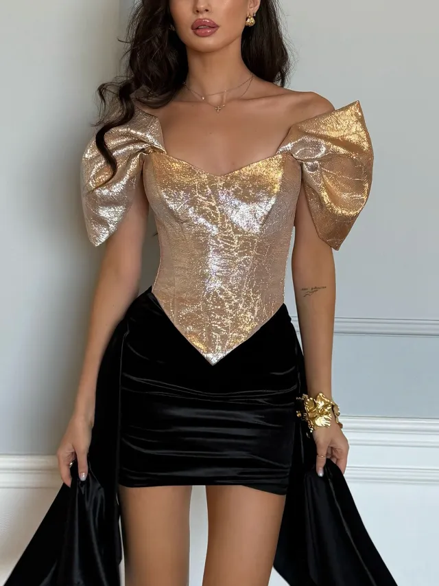 Gold Metallic Corset Top With Puff Sleeves And Sweetheart Neckline Gold - Shop at LoveMi