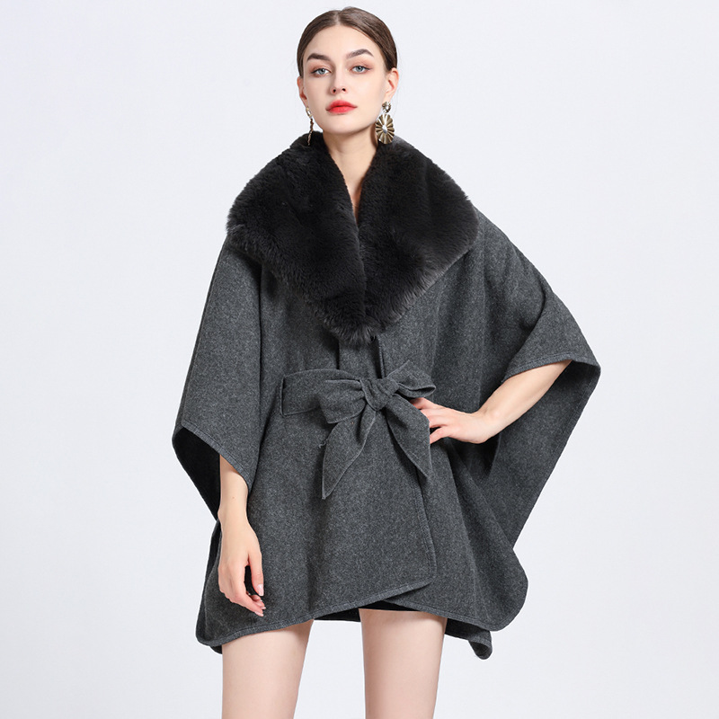 Faux Rex Rabbit Fur Collar Knit Shawl Cape Grey - Shop at LoveMi