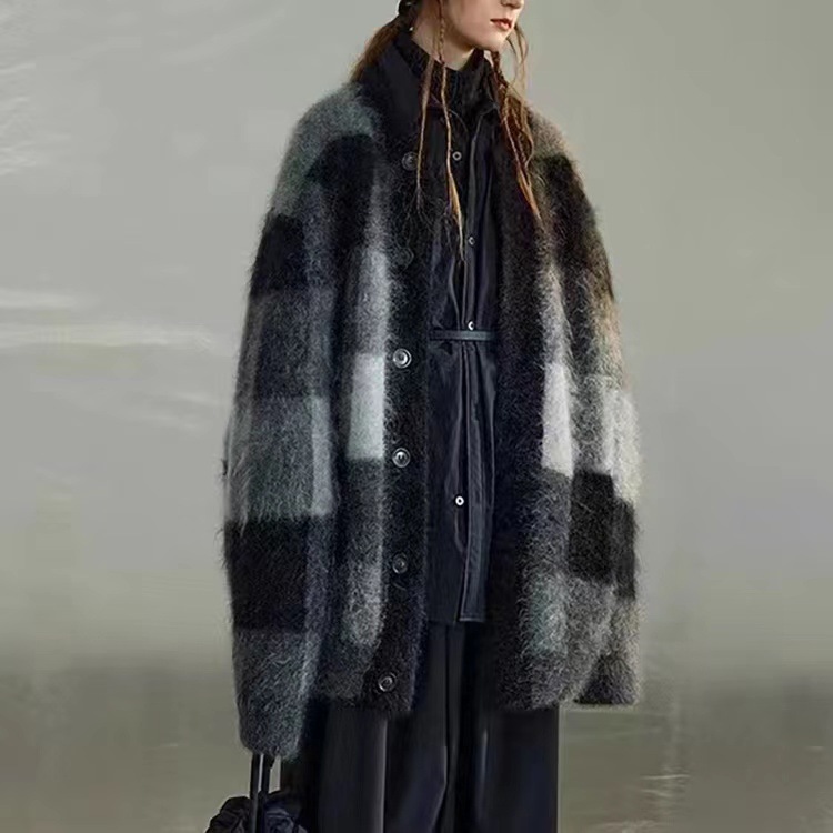 Mohair Sweater Women's Stitching Color Cardigan Loose Wide Version