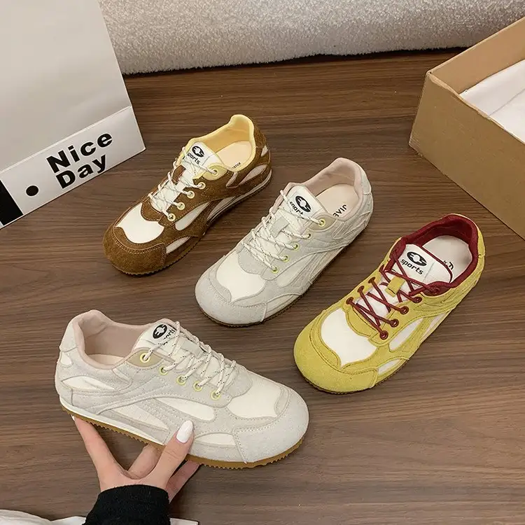 Retro Style Color Blocked Round Toe Lace Up German Training Shoes For Women In Spring, Lightweight And Casual Sports Shoes, Forrest Gump Shoes, Versatile