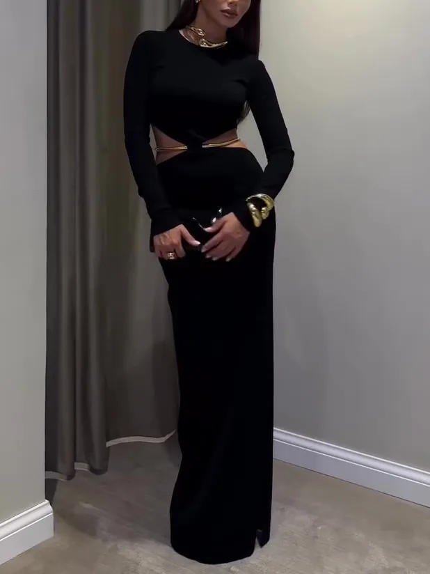 Black Cutout Waist Long Sleeve Maxi Dress Includes Waist Chain Black - Shop at LoveMi
