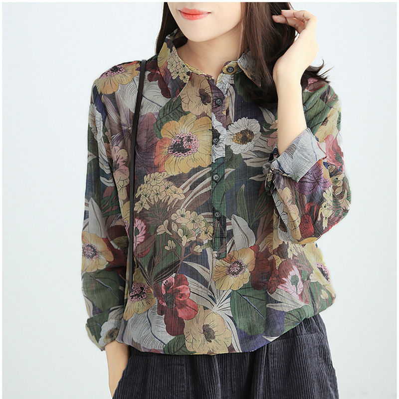 Title 3, New Retro Printed Pullover Lapel Cotton Shirt F...