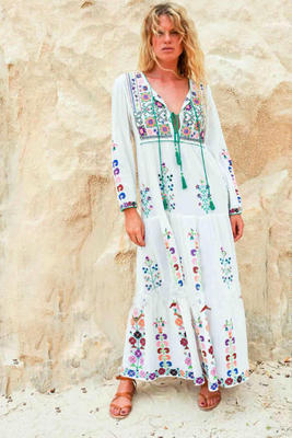 Boho Embroidered Floral Lace-up Maxi Dress