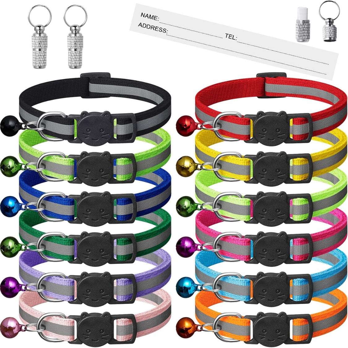 12 Pack Reflective Breakaway Cat Collars With Bells,Safety Buckle Kitten Collar, With Name Tag, Adjustable,Ideal For Girl Cats Male Cats