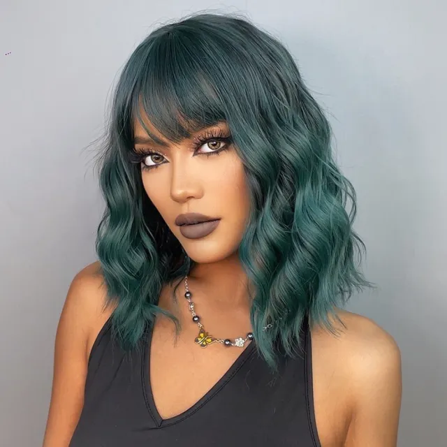 Full head Wig Chemical Fiber Air Bangs Green Curly Hair Green - Shop at LoveMi