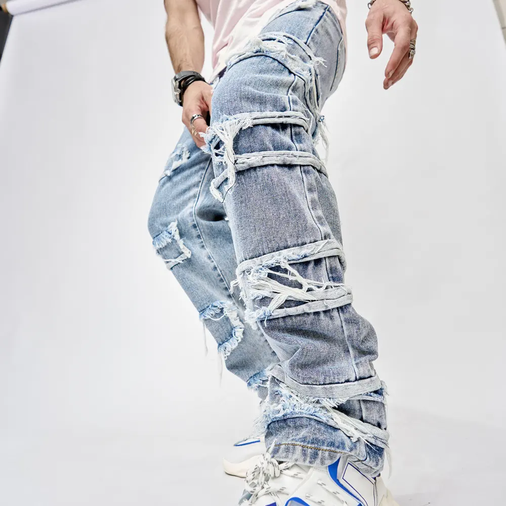 High Street Trousers Man's Pants Full Length Patched Straight