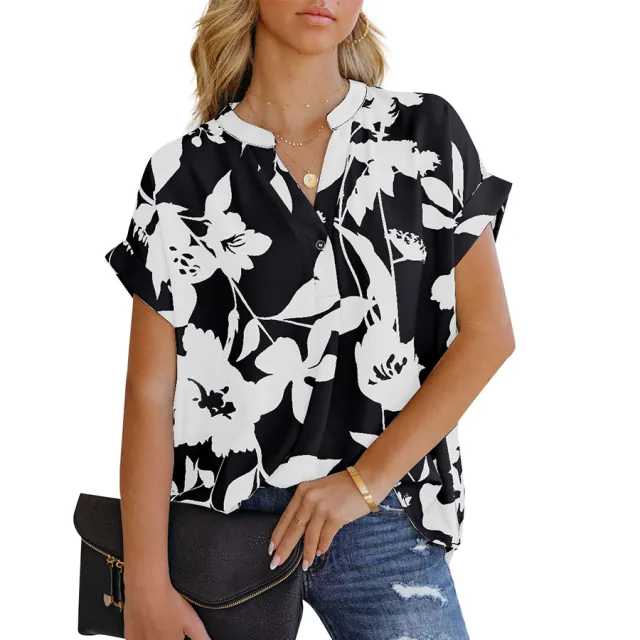 Women's Loose Printed Short Sleeve V Neck Buttoned Chiffon Shirt Black - Shop at LoveMi