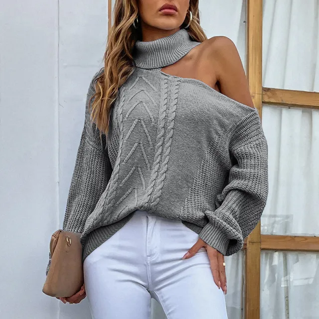 New Polo Collar Shoulder Drop Knit Solid Color Pullover Sweater For Women Grey - Shop at LoveMi