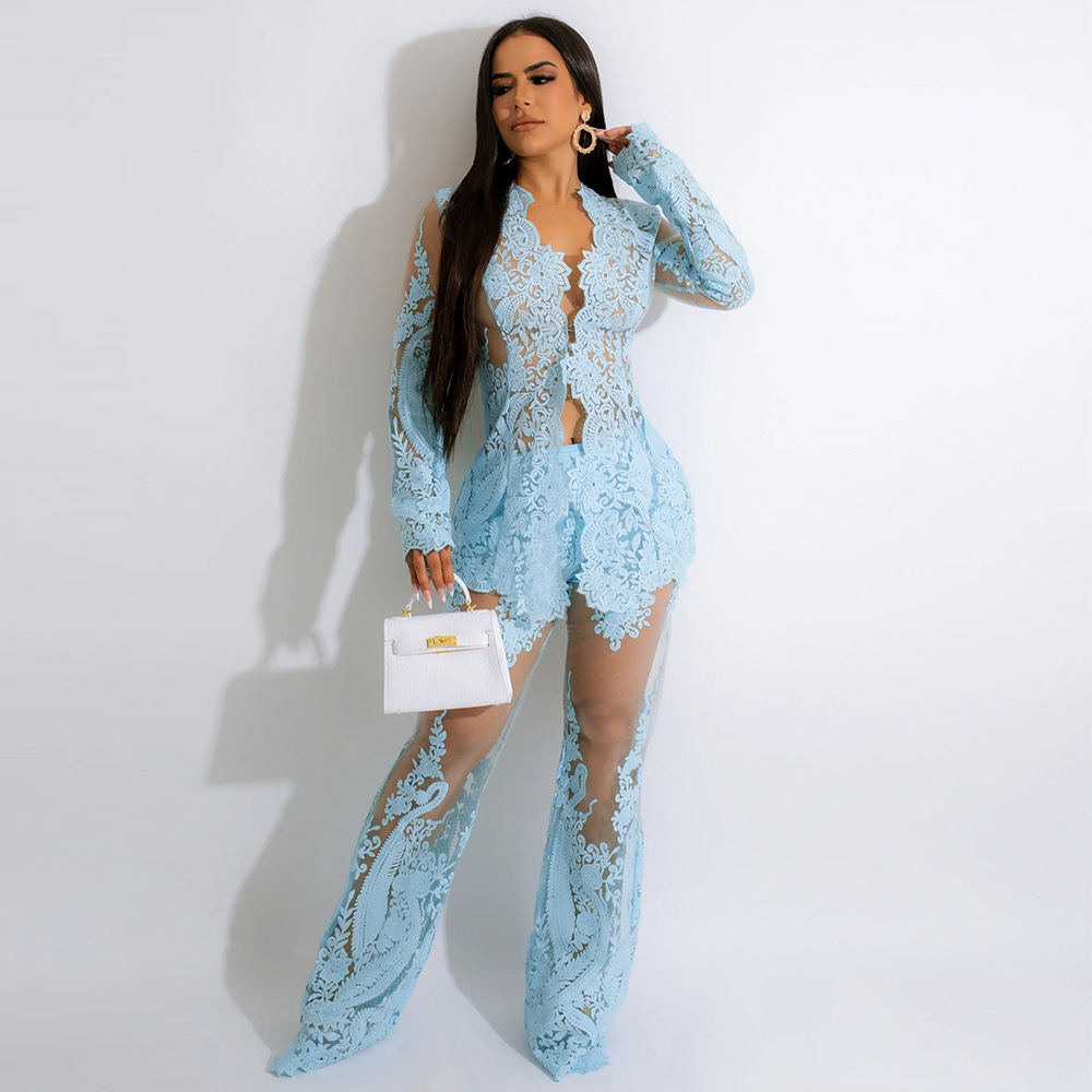 Women's Long Sleeve Embroidered Top Wide Leg Pants Set — image 1