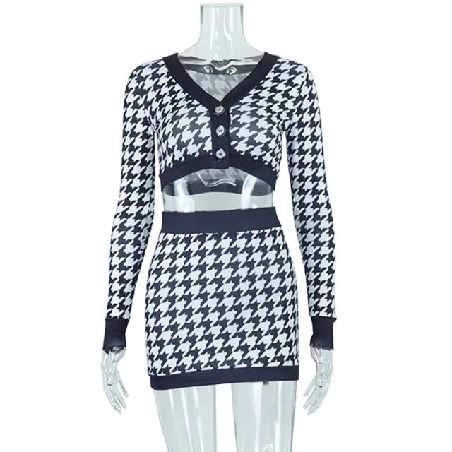 V neck Digital Printing Houndstooth Short Top Color Matching Camouflage Skirt Black - Shop at LoveMi