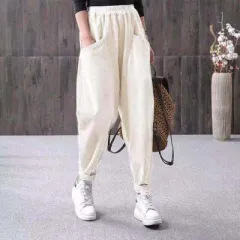 Elastic Waist Thin Striped Velvet Loose Casual Pants - Beige - View 1