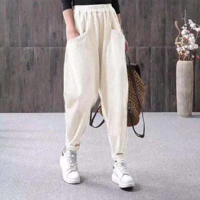 Elastic Waist Thin Striped Velvet Loose Casual Pants - Beige