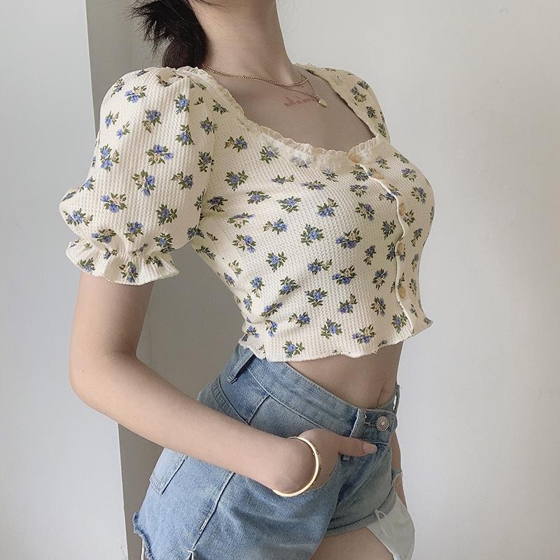 Crop Top Single-breasted Short-sleeved Square Neck Lace Floral Puff Sleeve T-shirt