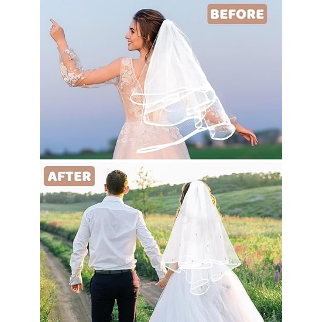 Bridal Veil Wedding Veil Weights Short 2 Tier Veil And 12 Pairs Veil Weights Magnetic Double Sided Artificial Pearls Silver Button For Bachelorette Party Bridal Shower Veil First Communion-Cl