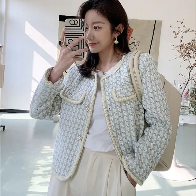 Tweed Jacket Spring And Autumn Ladies Short All match Western Style Fried Street Top Blue - Shop at LoveMi