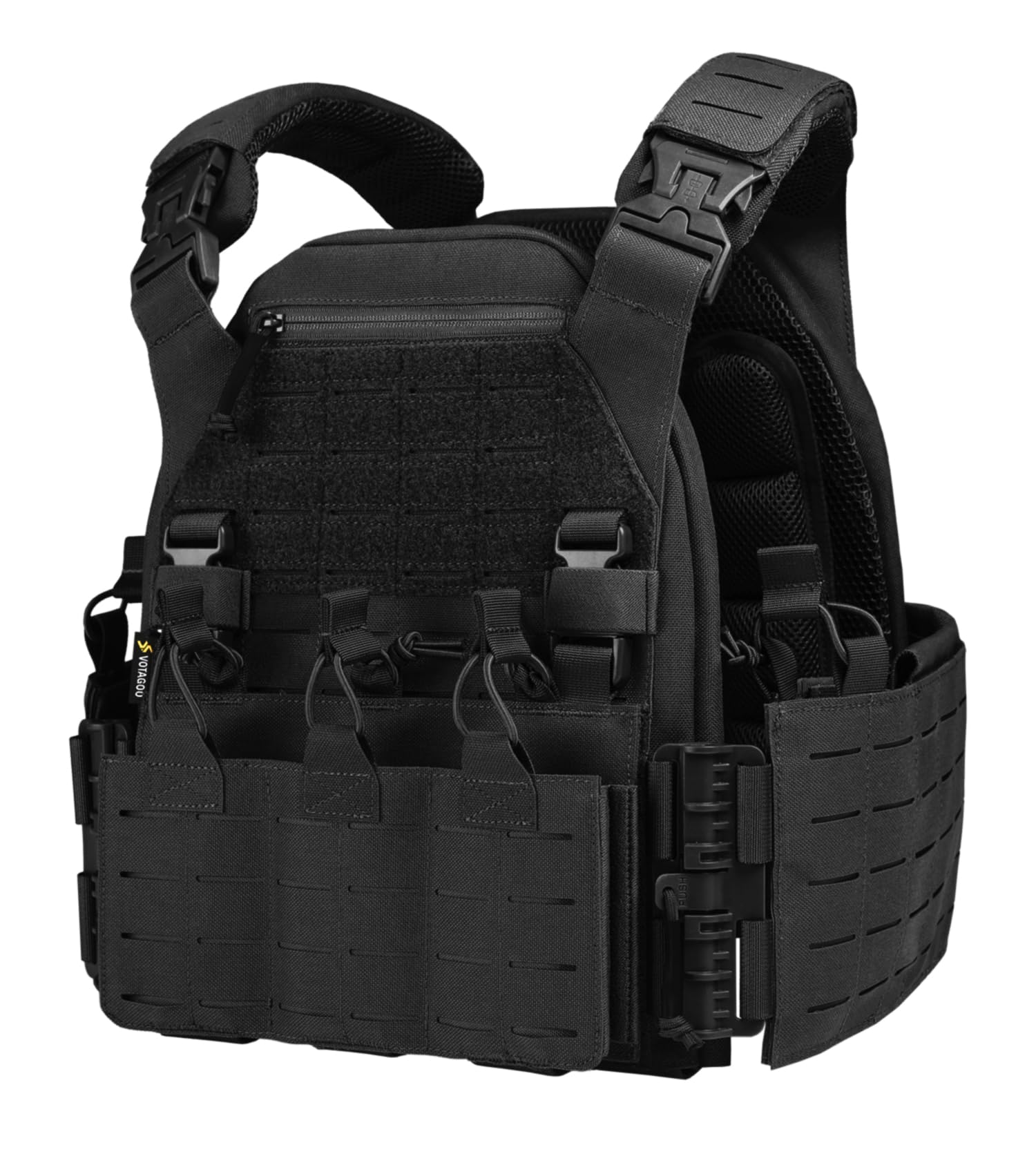 Quick Release Tactical Airsoft Vest - Breathable & Weighted. High-Strength & Wear-Resistant Material: The VOTAGOO tactical vest is made of high quality nylon, an heavy duty fabric that resists wear, stress, and tearing. Designed to perform in diverse comb