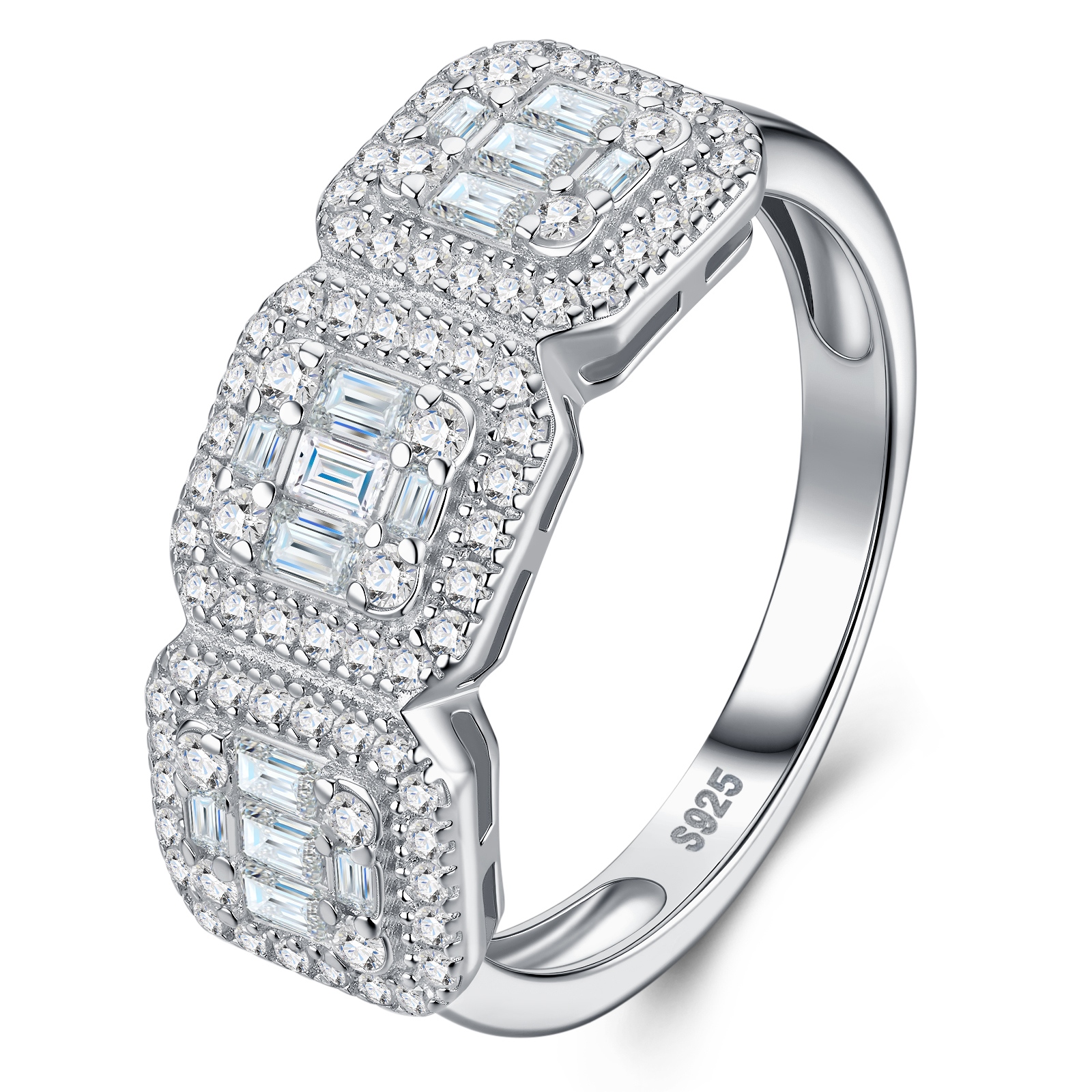 A Luxurious, Fashionable, And Trendy Silver Ring Set With Top-quality Moissanite, Crafted From S925 Silver With A Platinum-plated Finish