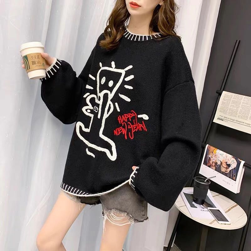 Title 10, Round Neck Cartoon Pattern Knit Sweater