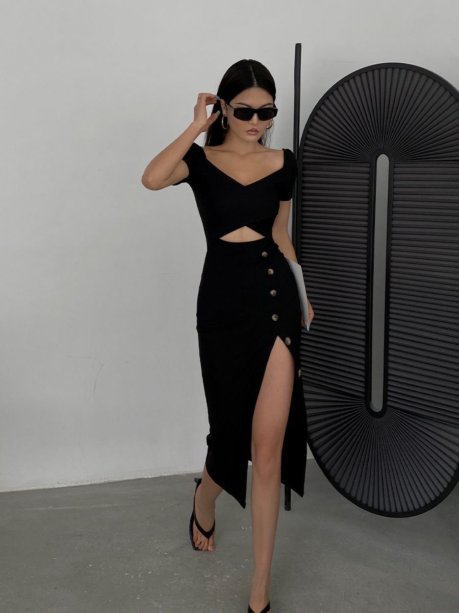 Slim And Hollow Niche Design High Slit Bag Hip Midi Skirt