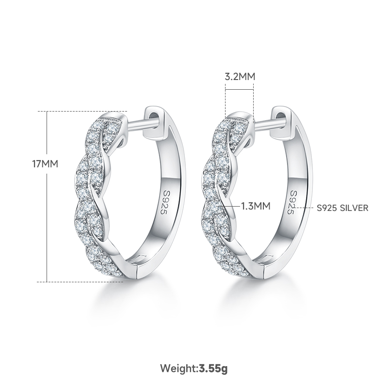 3.6g S925 Sterling Silver Moissanite Twisted Hoop Earrings  17mm Pave Huggie Hoops With GRA Certificate, Platinum Plated Jewelry Gift Box Set For Women
