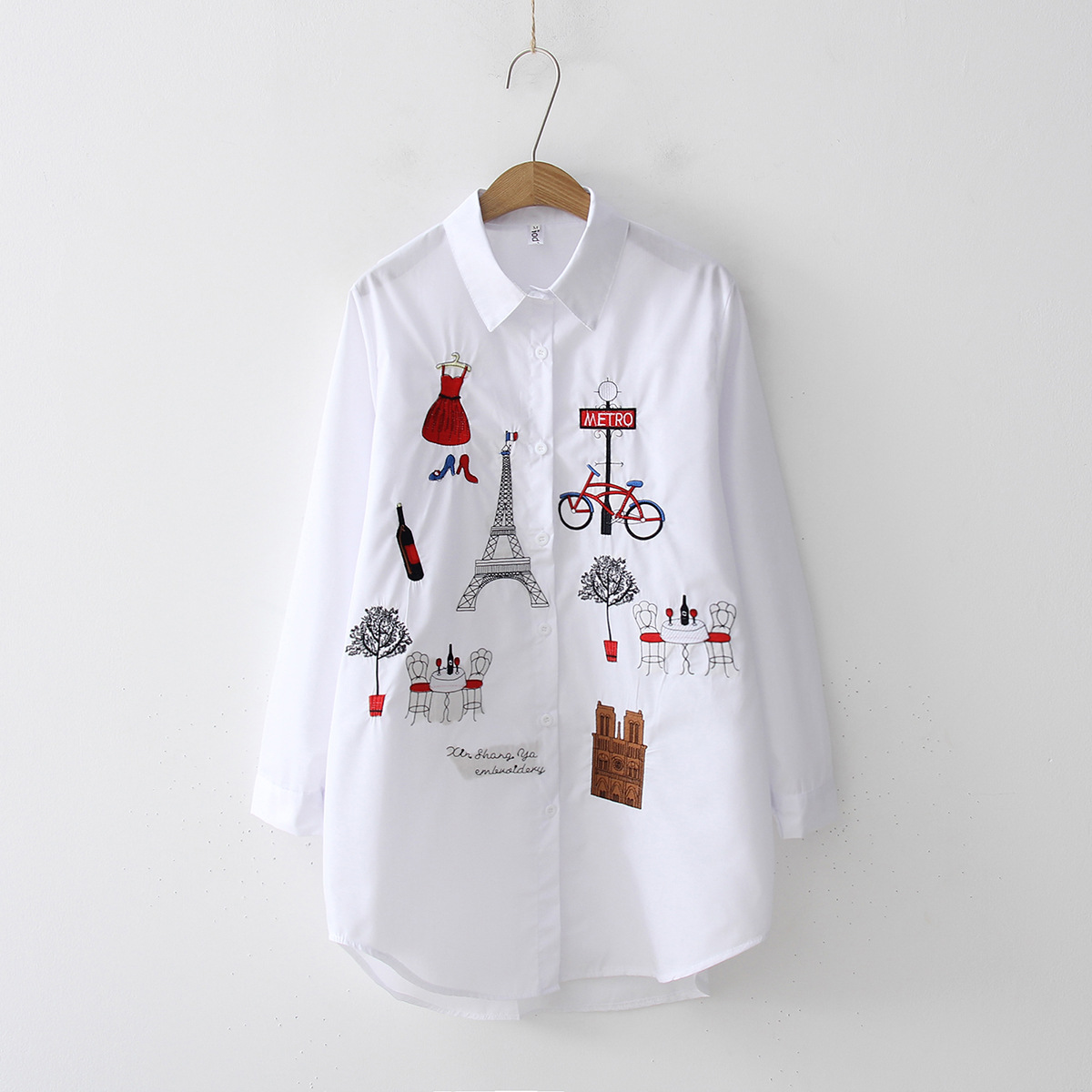 Title 9, Harajuku Embroidery White Cotton Shirt Vintage