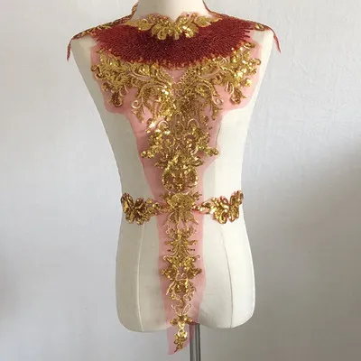 Gold Sequin Flower Gauze Embroidery Cloth Stick Dance Clothes Decorative Accessories Rose Red - Shop at LoveMi