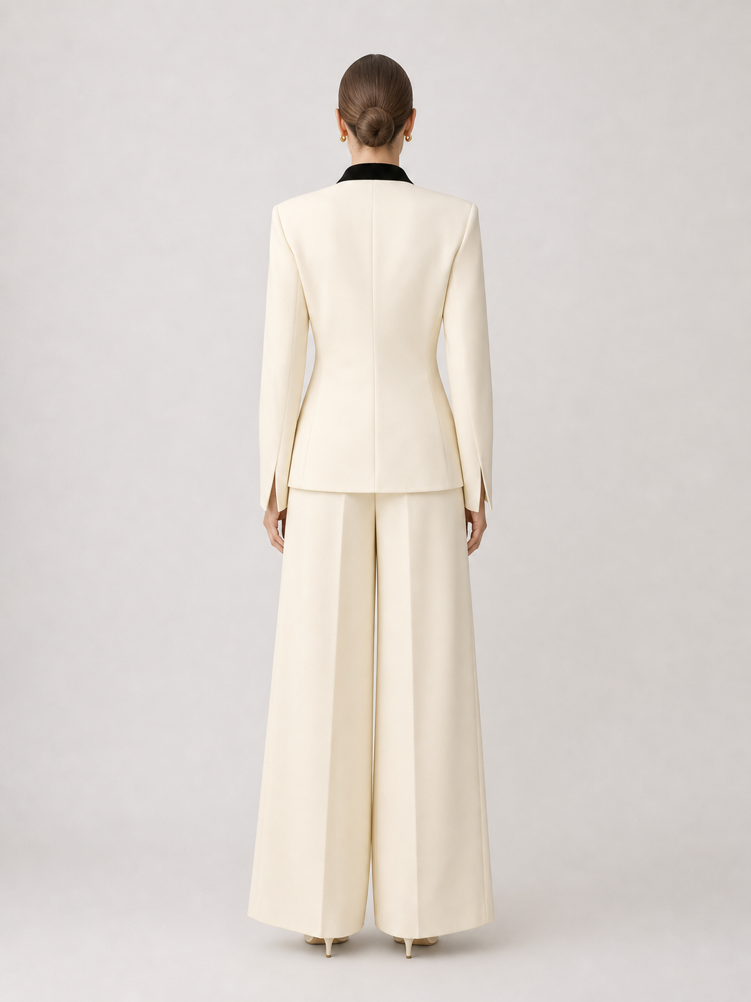 Cream 2 Piece Suit Black Scarf Lapel Blazer & Wide Leg Pants